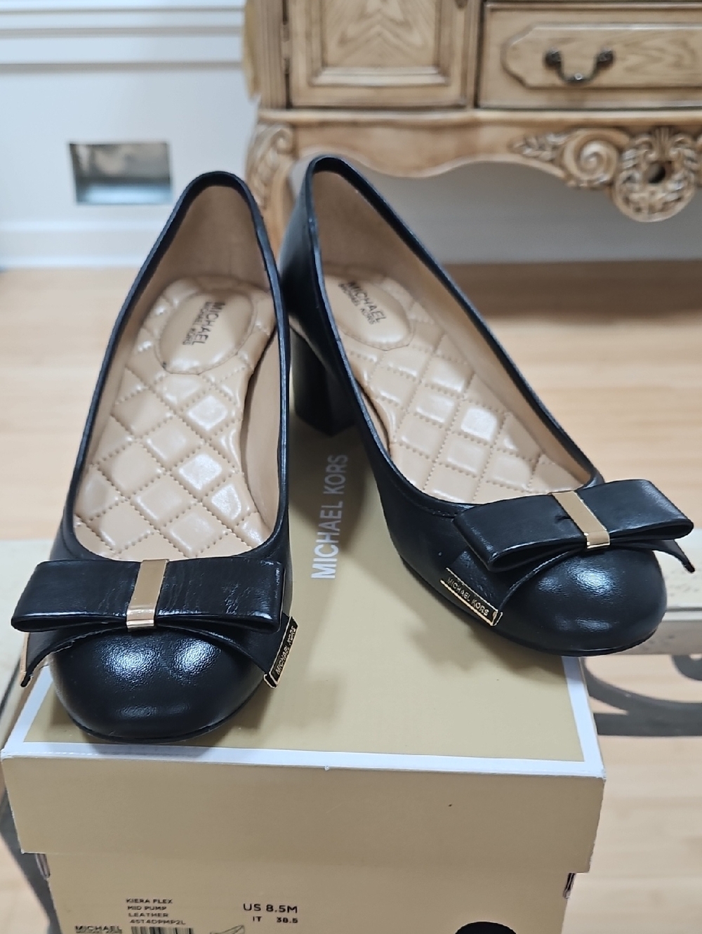 Michael Kors Black Leather Bow Block Heel Pumps with Gold Accent